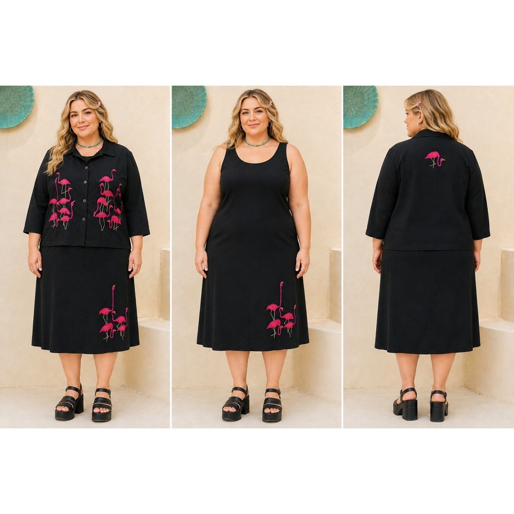Boho Y2K 90s Tropico Black Flamingo Embroidered Beaded Tank Dress Jacket 2X Set